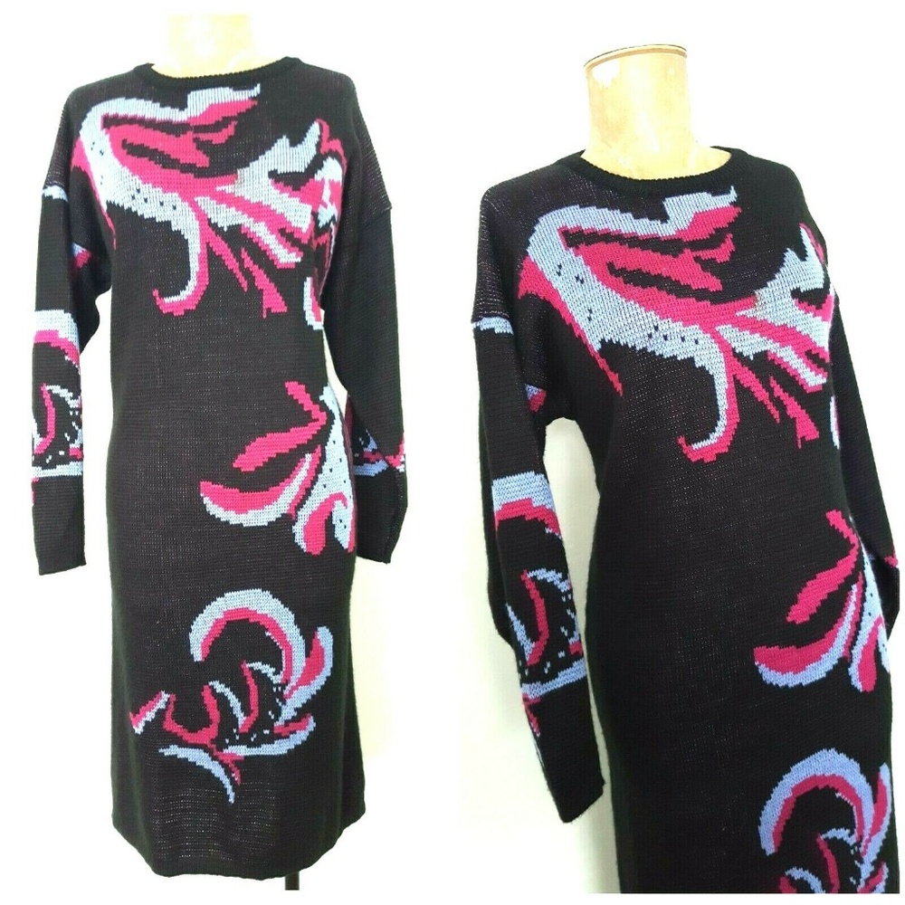 Vintage 80s Floral Sweater Dress Size Large